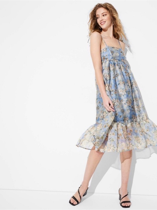 wild fable Dresses & Skirts - Wild Fable Organza Midi Babydoll Dress Blue Floral Vintage Style Women’s Size XS